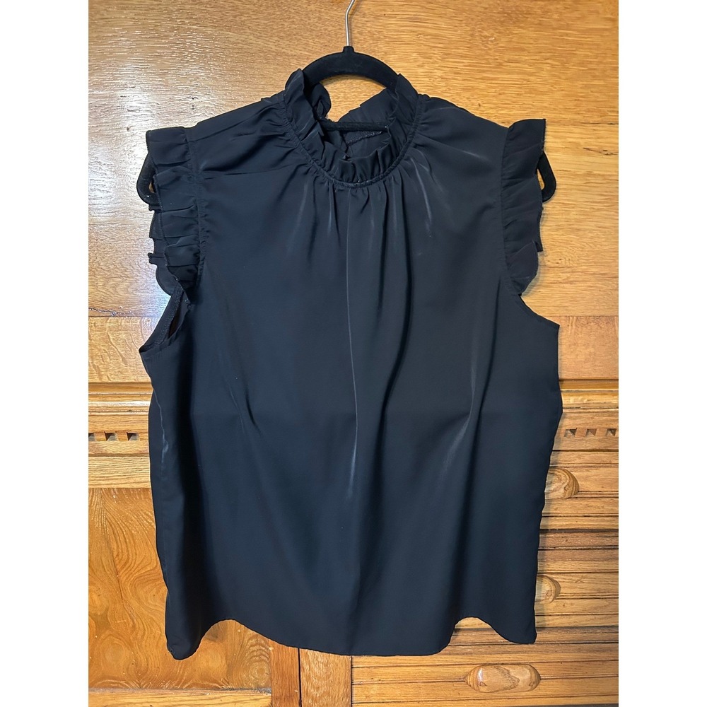 Quiet Luxury Preppy Black Sleeveless Ruffle Mock Neck Blouse Top Keyhole Back - Picture 1 of 9